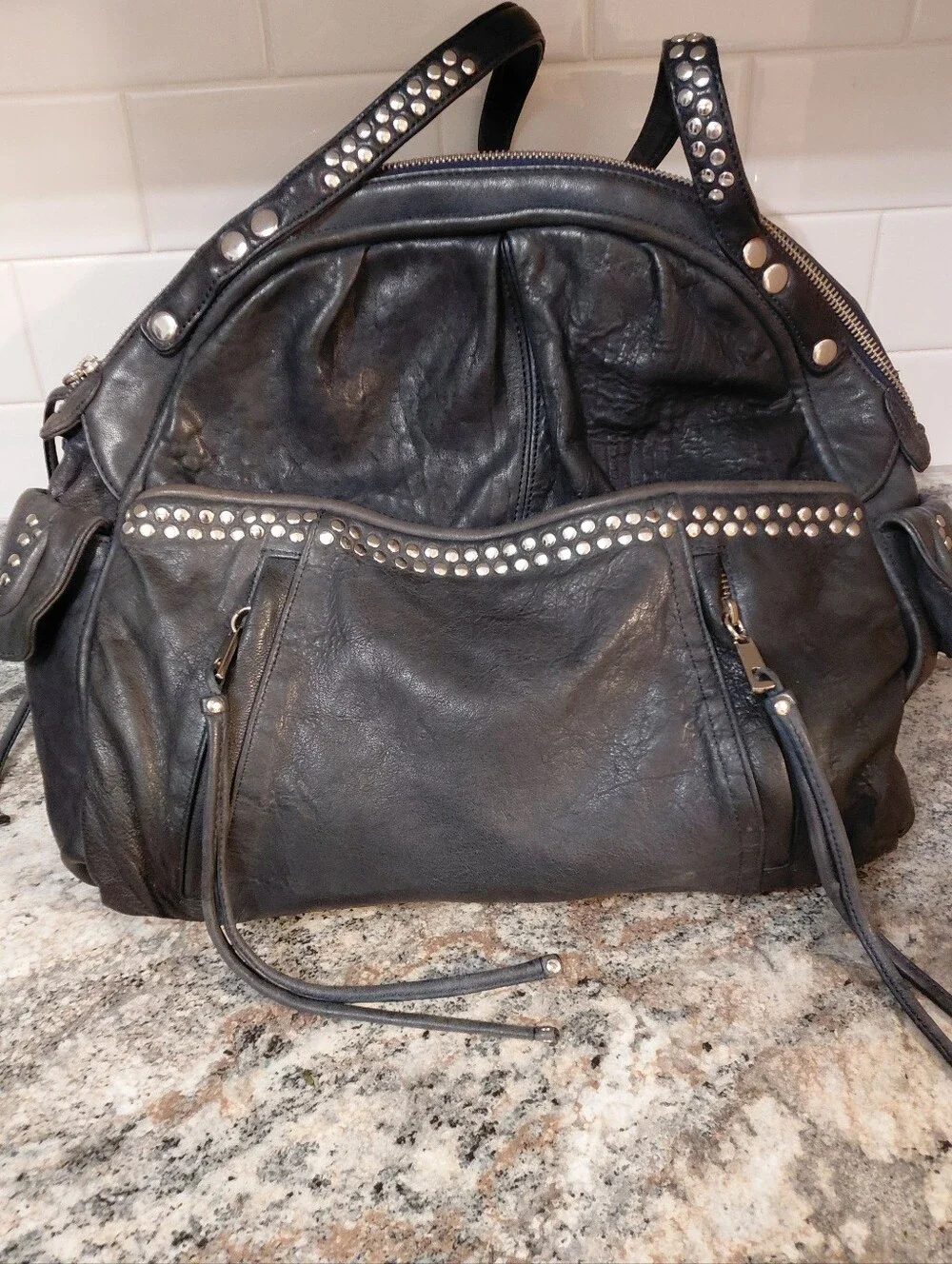 Junior Drake Charcoal Silver Studded Distressed Leather Large Hobo Bag Purse
